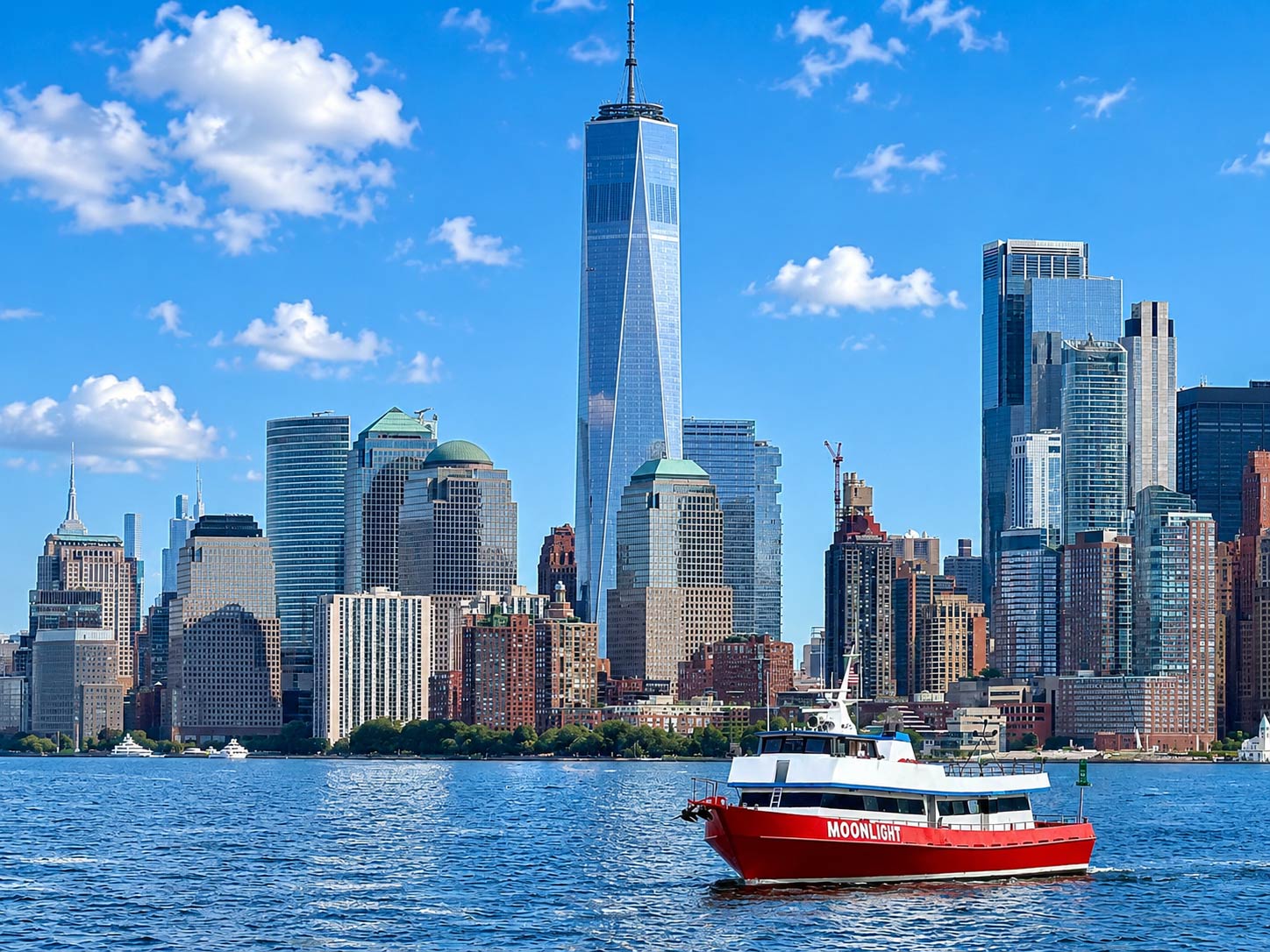 the Manahattan skyline is a great backdrop for your harbor crusie.